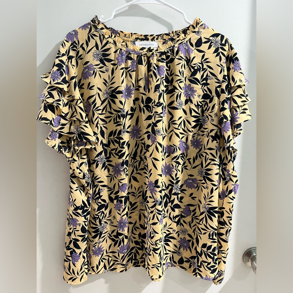 Liz Claiborne Yellow Floral Ruffle Sleeve Blouse, size 2X